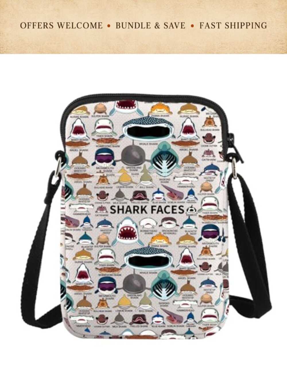 Cotton Canvas Shark Face Messenger Crossbody Bag Adjustable Strap